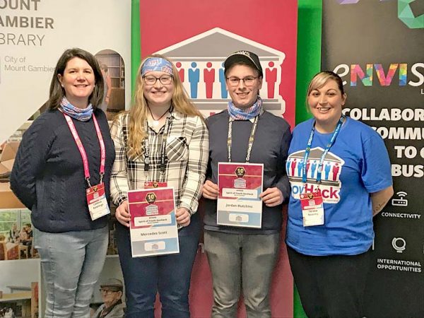 Envision Limestone Coast Manager Callena Rawlings With Spirit Of Govhack Youth Winners Mercedes Scott And Jordan Hutchins And Library Youth Services Coordinator Terasa Nearmy TBW Newsgroup