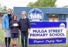 Soccer stars embark on international journey A Mulga Street Principal Mardi Mcclintock, Ethan Mccorie And Past President Of Rotary Club Of Mount Gambier West Libby Furner Dsc 4511 TBW Newsgroup